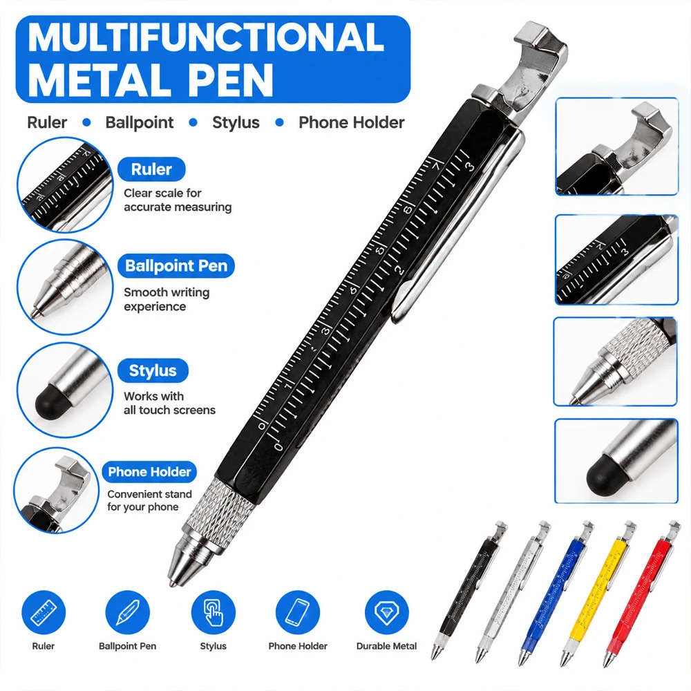 1Set 6-in-1 Multitool Ballpoint Pen with Phone Holder Stand, Bottle Opener, Touch Stylus, Scale Ruler, Double-Ended Screwdriver