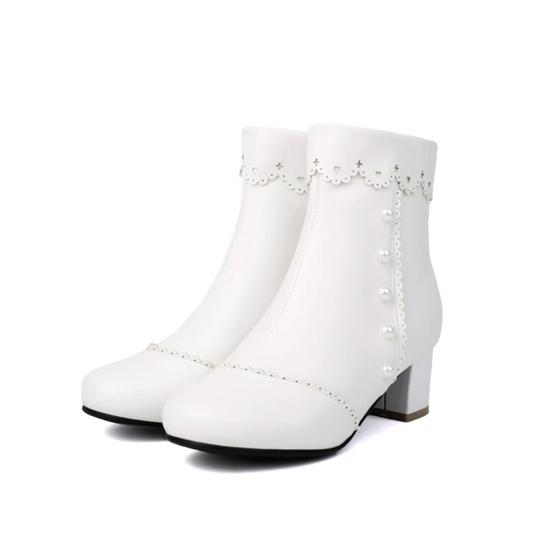 SIMLOVEYO Sweet Cute Ankle Boots Round Toe 5cm Heel Cutout Pearls Size 46 47 48 US16 US17 Student Black White