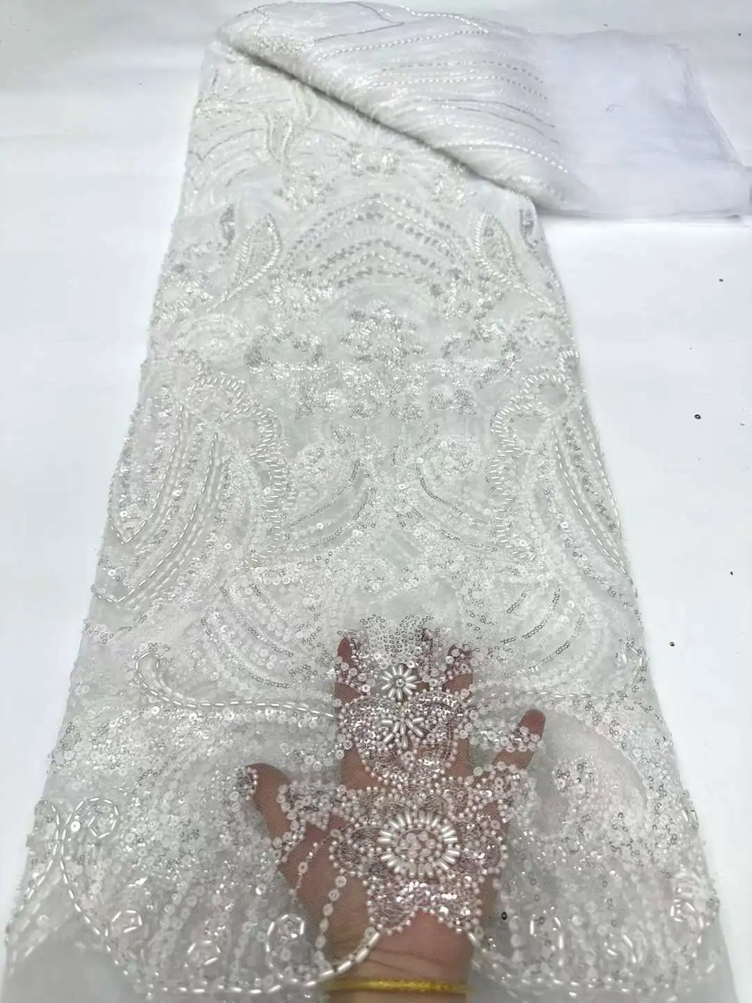 

2024 Newest Sequins Lace Fabric With Bead Sequins For Bridal Dress Luxury Evening Dress French Lace 5 Yards DX