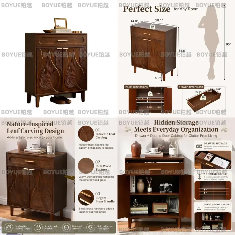 Mid Century Modern Accent Cabinet with Drawer Carved Leaf Pattern Doors Storage Sideboard Adjustable Shelves Customizable