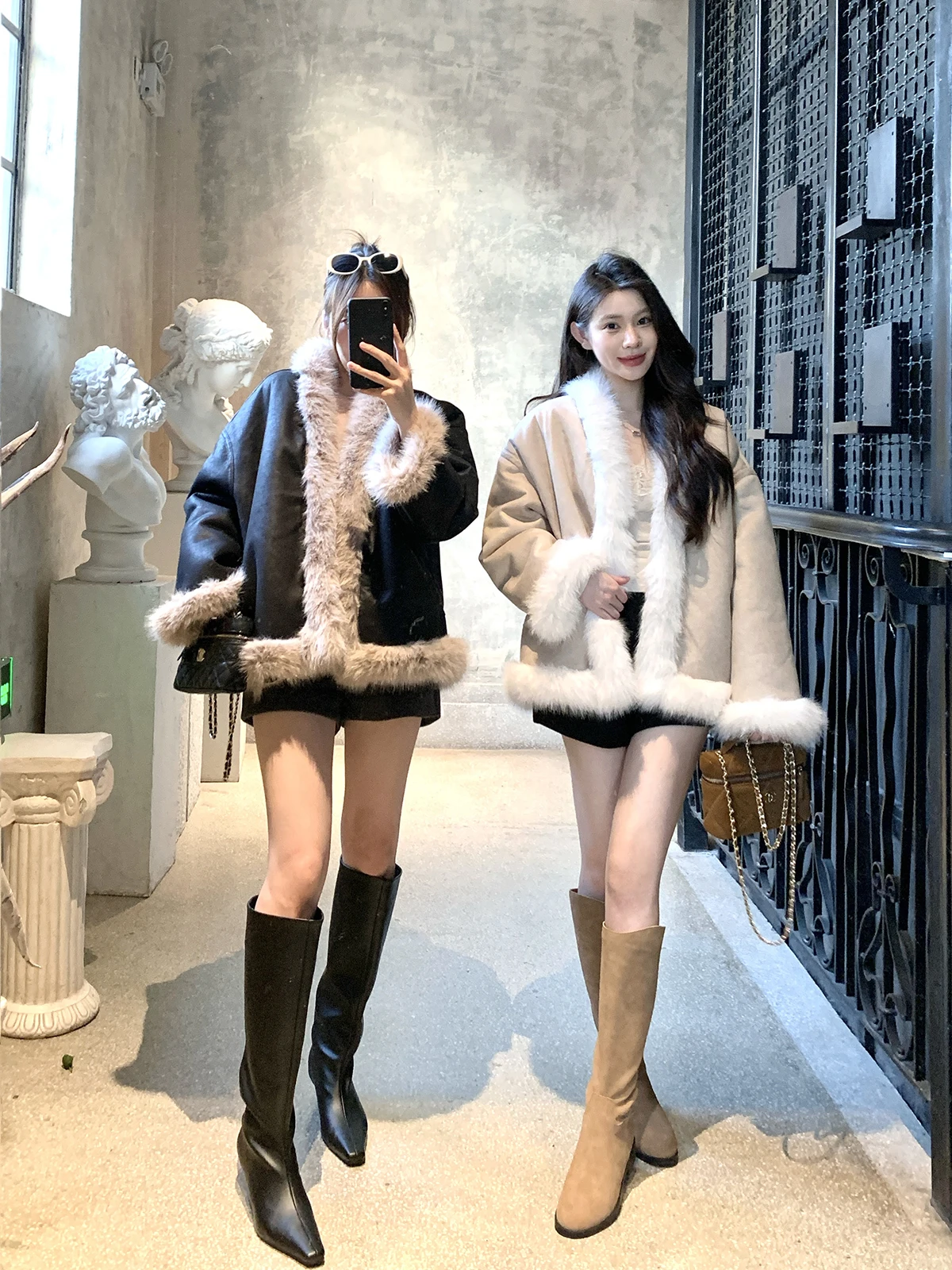 

Withmxboom ey Loose Thiened Premium Feel Fur Collar Simulation Fur Coat Women Winter Elegance Faion Top Long Sve Coat