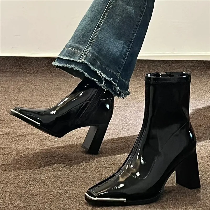 

Women Boots Square Head Patent Leather Thick Heel Short Boot Lady Fad Retro Temperament Boot Soft Sole Platform Boot Botas Mujer