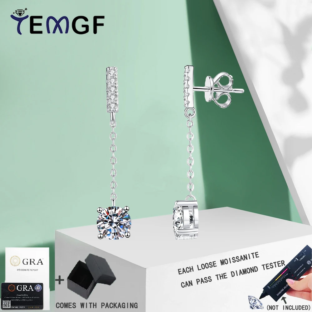 

TEMGF Classic 1CT Moissanite Drop Earrings S925 Sterling Silver Tassel Ear Studs for Women Simple Fashion Fine Jewelry With GRA