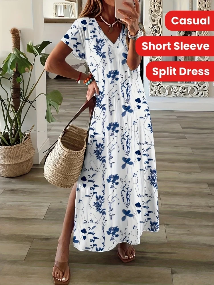

2025 New Daily Casual Women's 3D Print Dress Outdoor Street Ladies Elegant Long Dress Summer Urban Fashion Women's V-neck Dress
