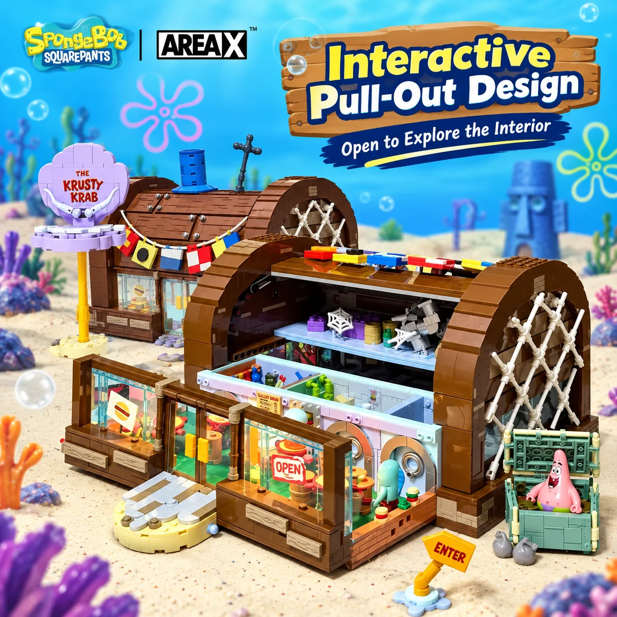 AREA-X SpongeBob SquarePants Building Blocks Blind Box The Krusty Krab Patrick's Rock Sandy's Treedome Collectible Diorama Gift