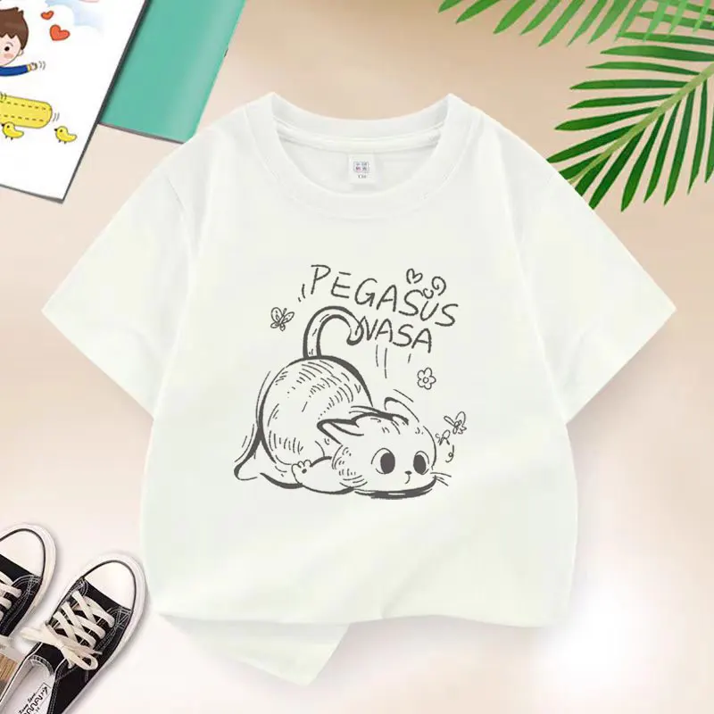 Cute Cat Graphic Print Baby Boys T-shirt Cotton White Tops Tee 2025 New Summer Fashion Kids T Shirt Teen 6 8 10 12 Years