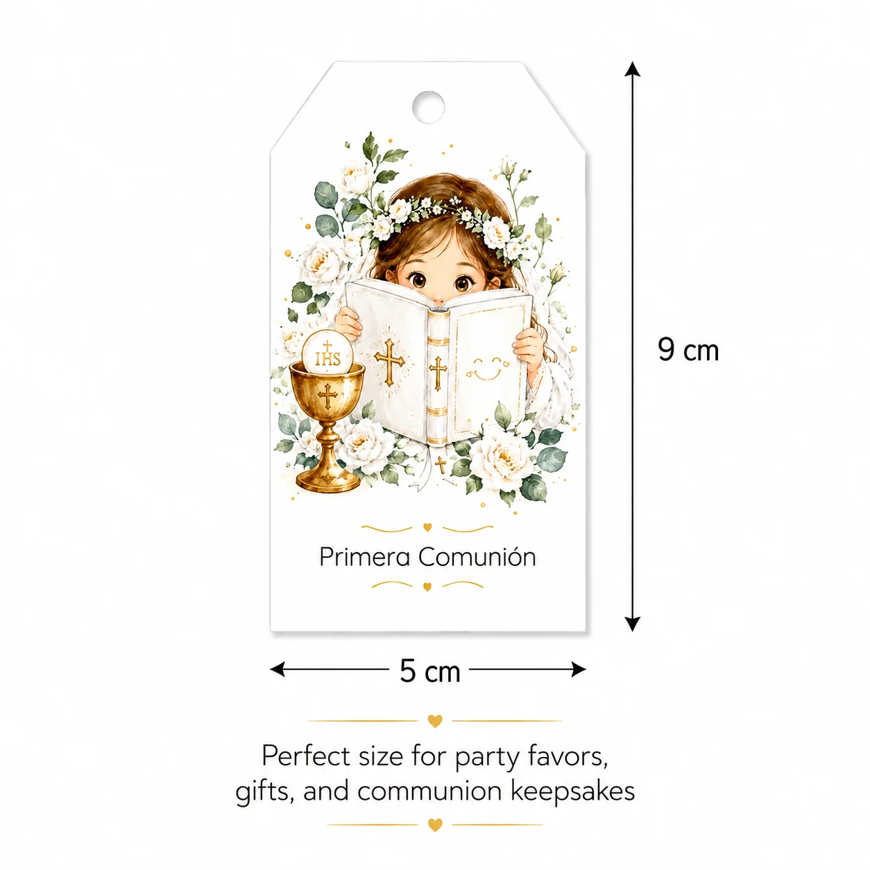 A Communion dress gift tag, with jute string, featuring a girl peeking from the Bible, and a white rose watercolor design, is perfect for Communion gifts, baptism presents, party souvenirs, etc., expressing whimsical and sweet blessings