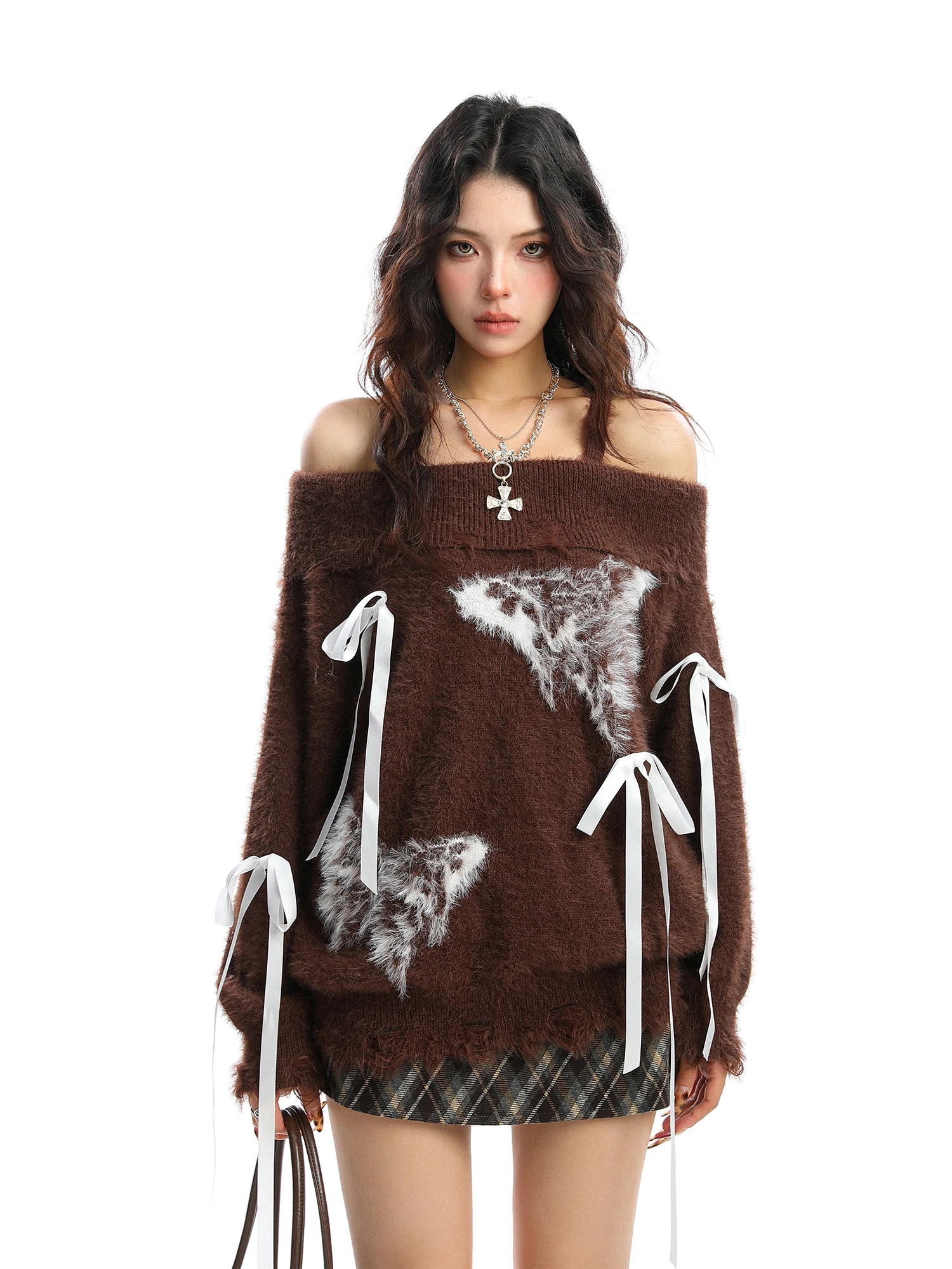 

Мягкий уютный американский свитер с вышивкой на одно плечо, женский осенне-зимний теплый топ с открытым плечом