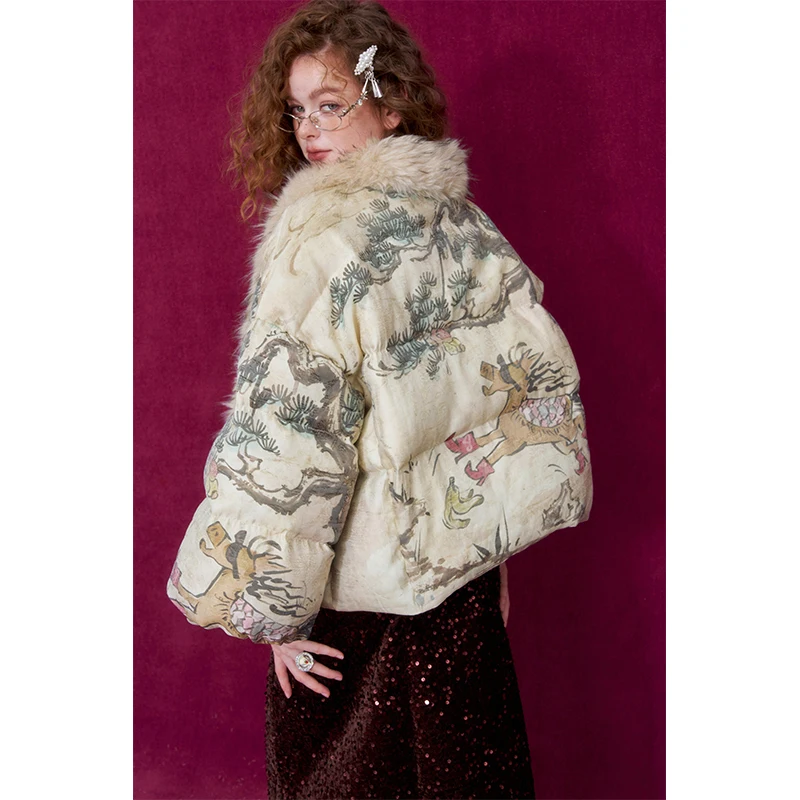 ELFSACK Women Puffer Down Jacket 2026 Winter Pony Print Fur Collar Lantern Sleeve New Oriental Style Casual Outerwear