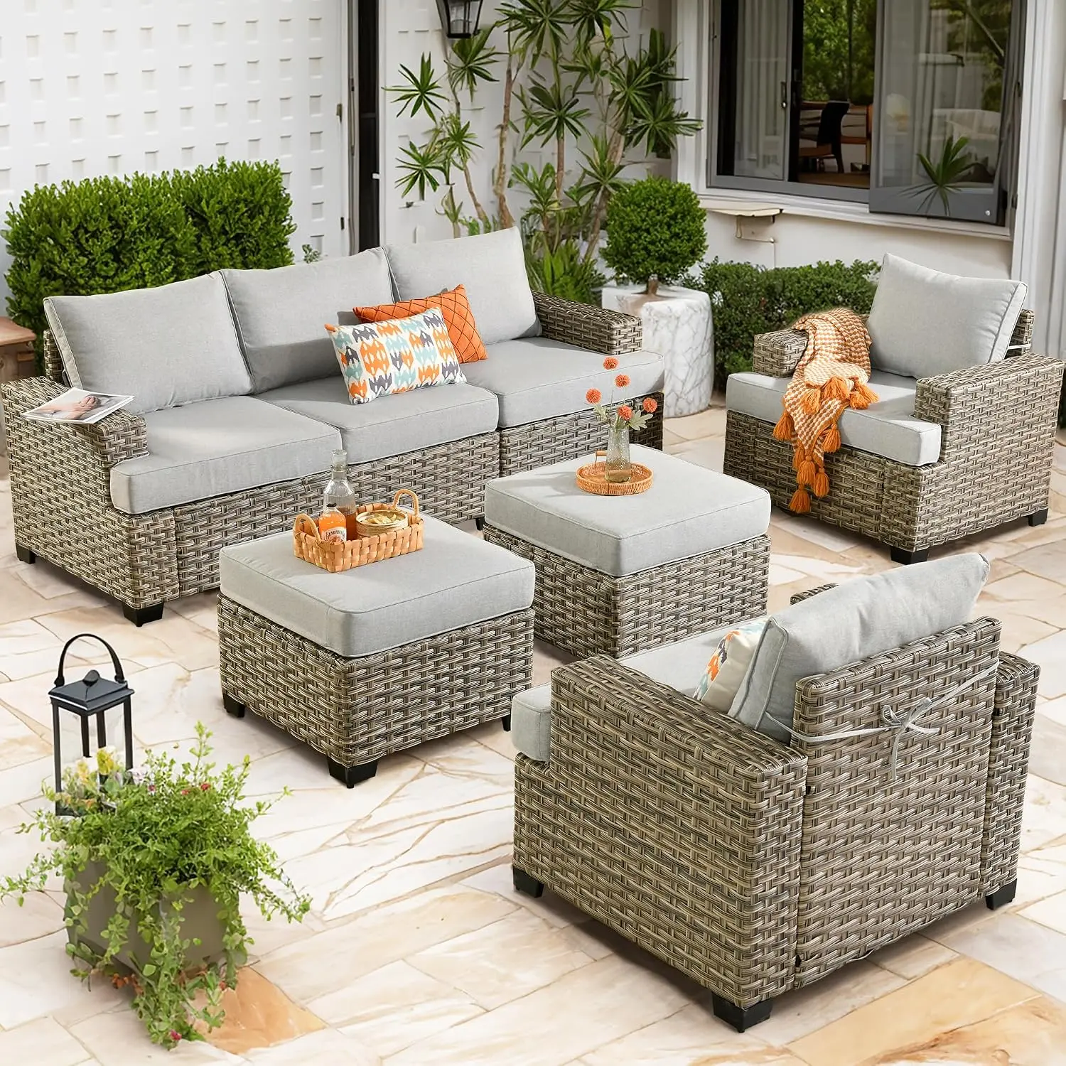 7 Pieces Outdoor Sectional Rattan Sofa Manual Weaving Wicker Patio Conversation Set With Ottomans T Cushion, Customized