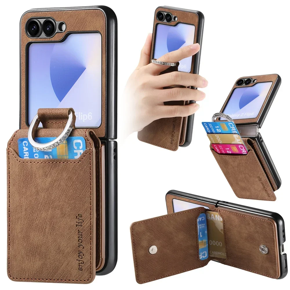 Retro-Leder-Handyhülle mit Ringhalterung für Samsung Galaxy Z Flip 8 7 FE 6 5 4 3 Flip8 Flip7 5G, Kartenhalter