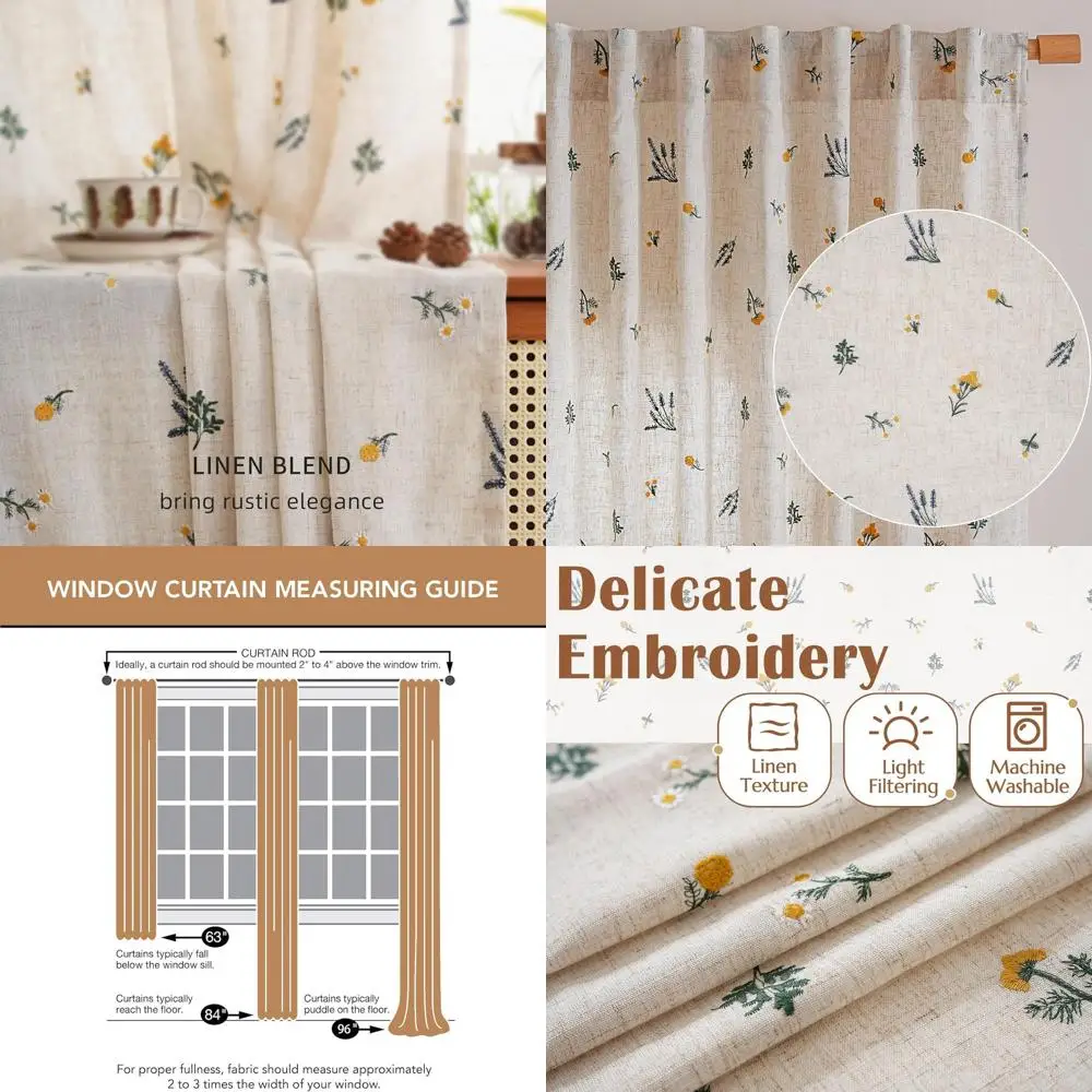 

84 Boho Style Daisy Embroidered Linen Curtains, Beige Floral for Living Room & Bedroom, Light Filtering 2-Panel Set