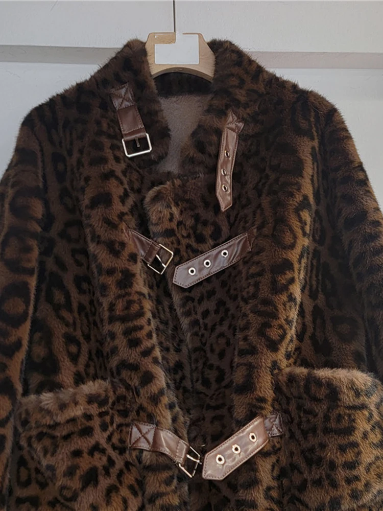 DEAT Trendy New Women's Leopard Print Faux Fur Coat 2024 Autumn Fashion Multi Belt Design Long Sleeve Jacket Female 33A1978