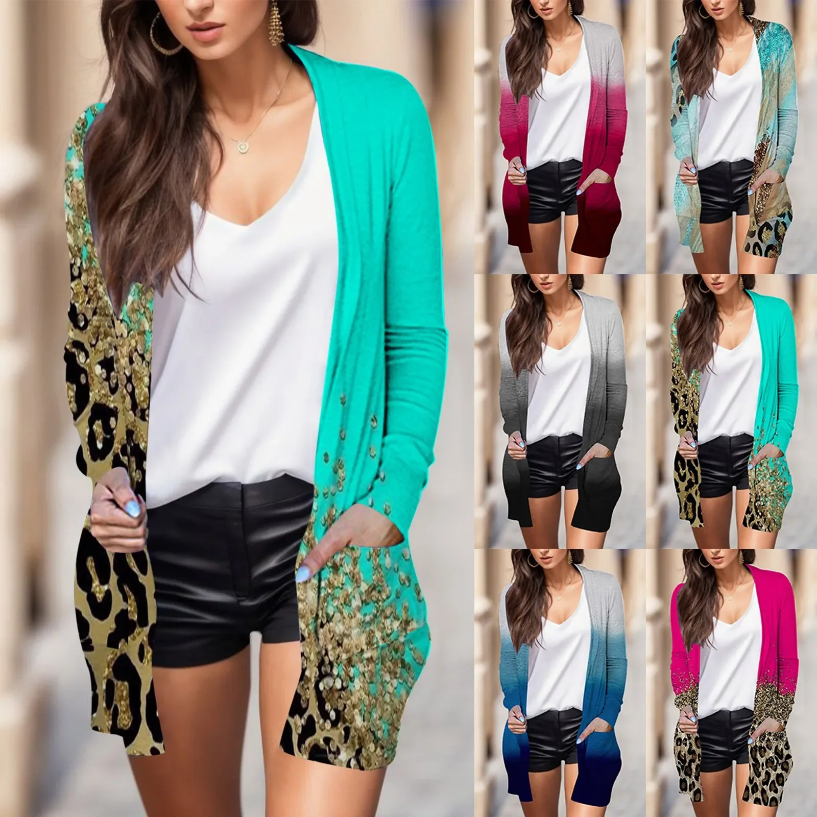 Summer Long Cardigan Open Front Bohemian Leopard Printed Long Sleeve Pocket Vintage Blusas Casual Loose Beach Tops Jacket