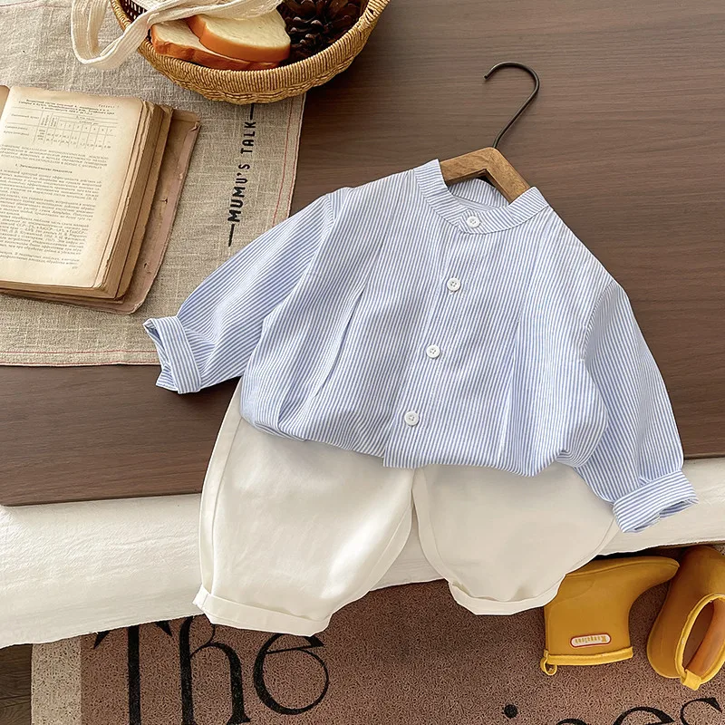 Children Set Spring Autumn Boys Blue Stripe Stand Collar Shirt and Casual Pants 2 Piece Set Kids Loose Fit Clothing Kids Outfit