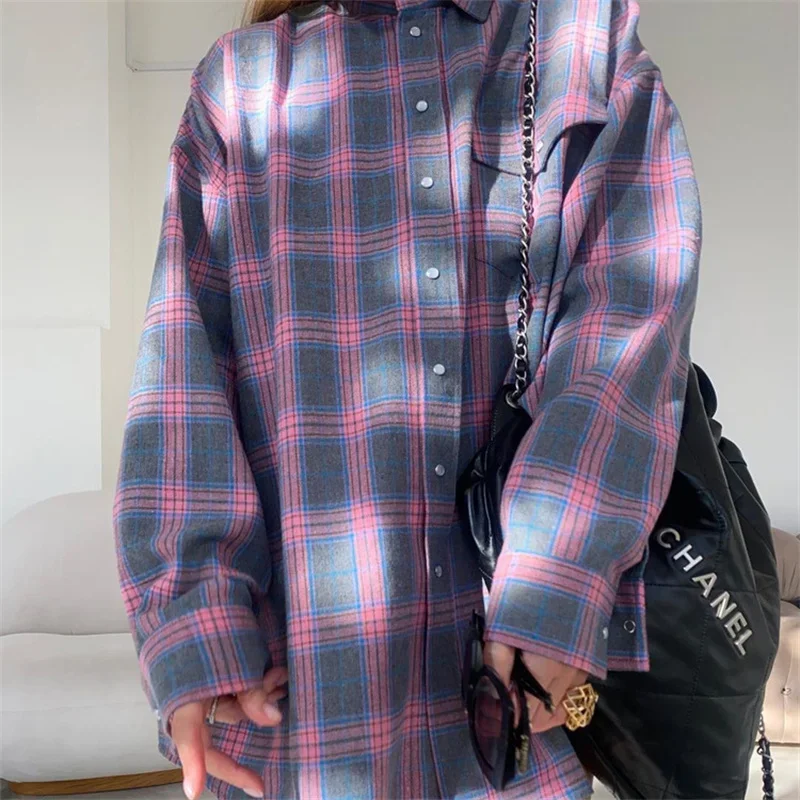 Autumn Elegant Gingham Print Women Commuter Shirt Lapel Single-breasted Cardigan Loose Blouse Female Double Pocket Patchwor Tops