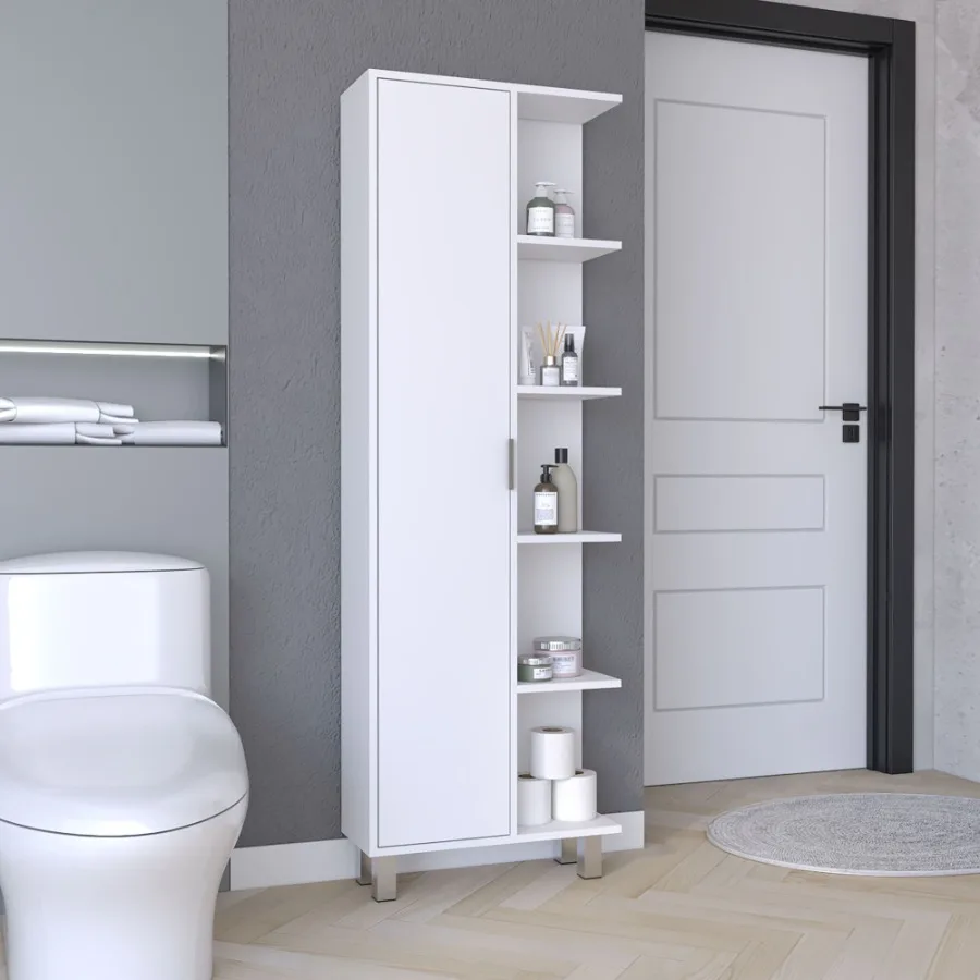 

Crovie Linen 63-дюймовый высокий шкаф для ванной комнаты с четырьмя открытыми полками