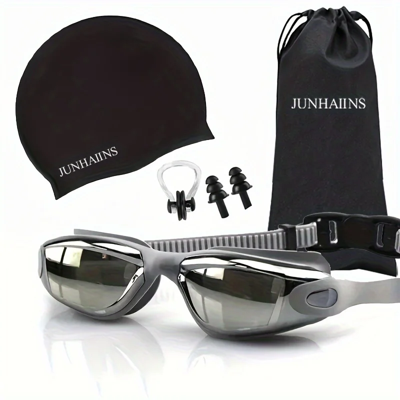 Junhaiins HD Swimming Goggles Set Anti-Fog Waterproof Electroplated Silicone Swim Glasses With Swim Cap Nose Clip And Earplugs