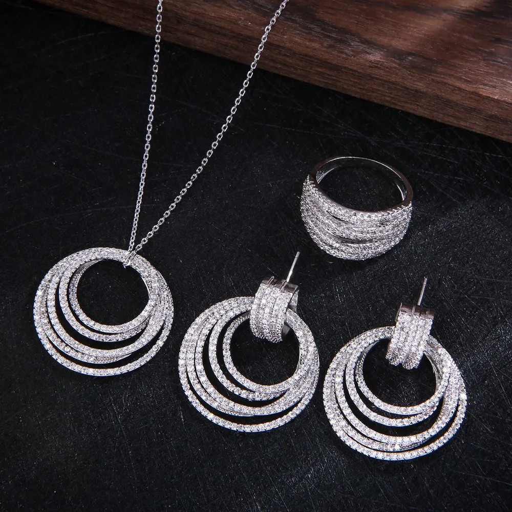 New Designer Luxury Twist Lines Geometry Cubic ZirconEngagement Dubai Naija Bridal Finger Rings Necklace Earring Jewelry set