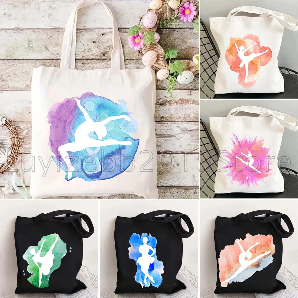 

Силуэт балерины, гимнастика для девочек, акварель, милые подарки, парусиновая сумка через плечо, Harajuku Shopper, многоразовая хлопковая сумка