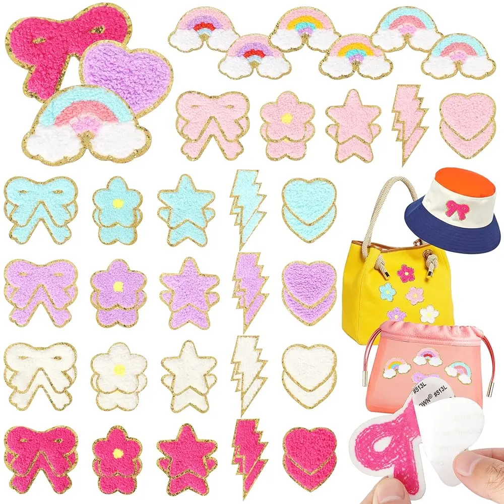 

Self-Adhesive Chenille Patches for Girly Bags: 56PCS Classic-Color Flower Star Heart Cute Patch Embroidered Stick on - Light