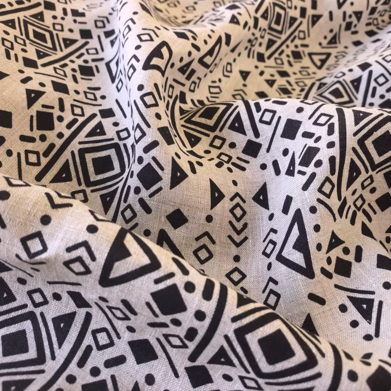 White Geometric Pattern Printed Pure Linen Fabric DIY Handmade Clothing Sewing Material