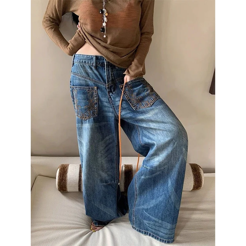 Gradient Autumn  2025 Blue Jeans Women Y2K Vintage High Waisted Jeans Straight Streetwear Loose Large Wide Leg Denim Pants