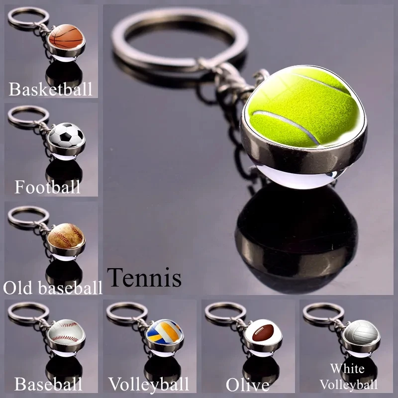 Sports Football Glass Ball Pendant Keychain For Women Men Tennis Basketball Volleyball Billiard Charms Keyrings Accessories Gift