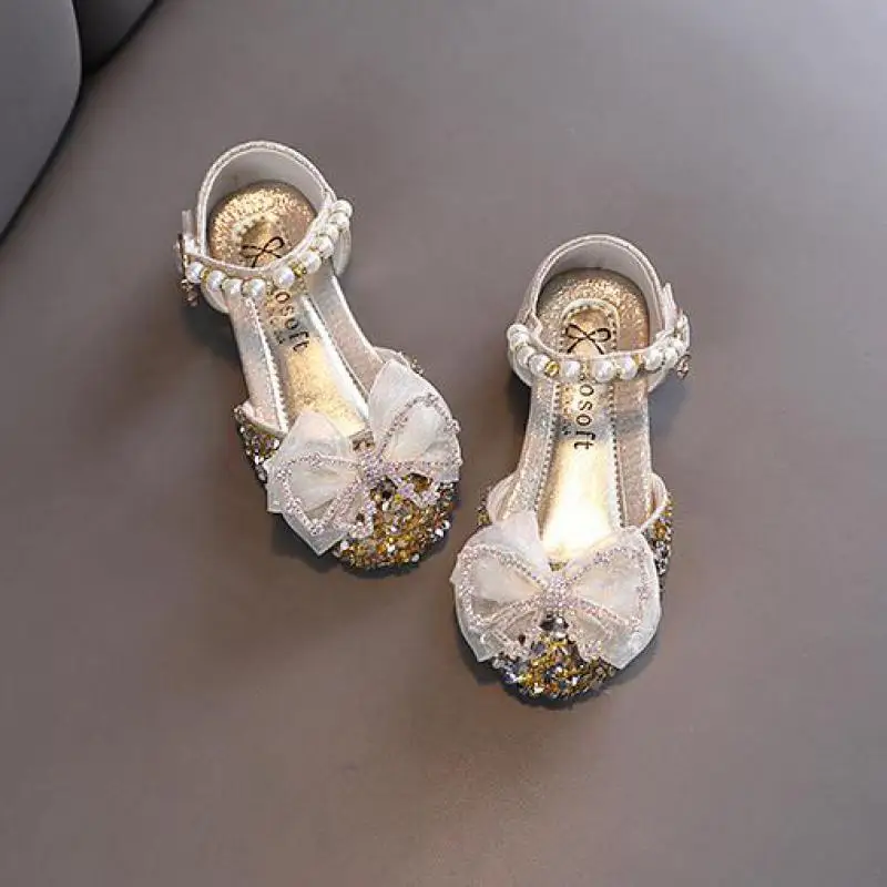 Kinderflats Trouwschoenen Meisjes Pailletten Kant Strik Prinses Sandalen Baby Dansshow Schoenen Kinderen Zachte Zool Sandalen