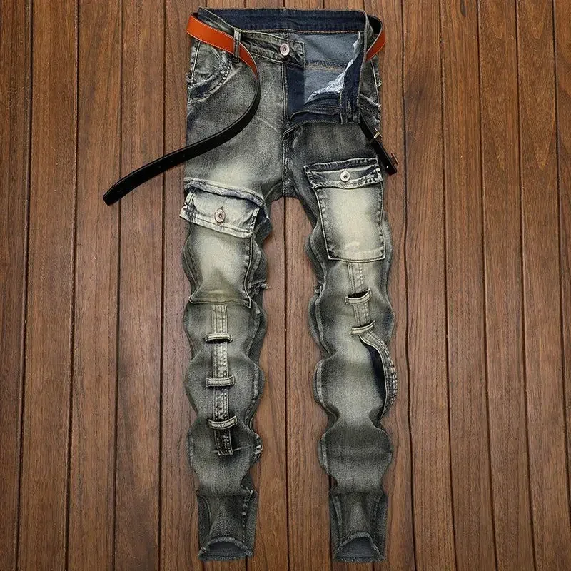 ポップ高品質ファッション高級レトロメンズデニムジーンズ韓国スタイルヴィンテージカジュアルパンクオートバイデザイナー乗馬カーゴ Je