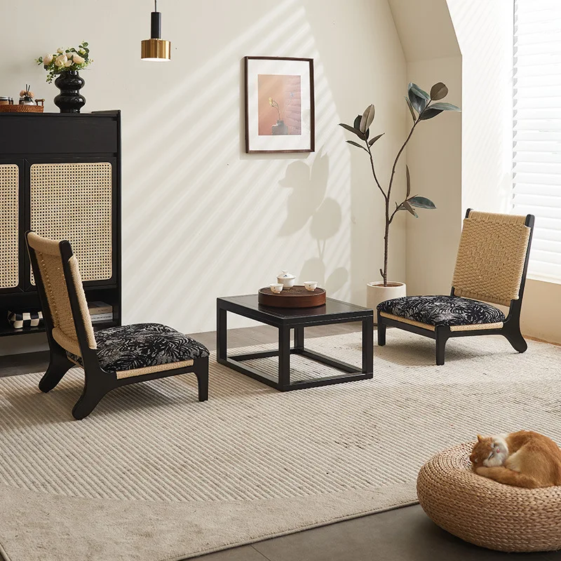 

Japanese-style solid wood balcony leisure single sofa living room chair lazy rope woven tatami recliner back chair