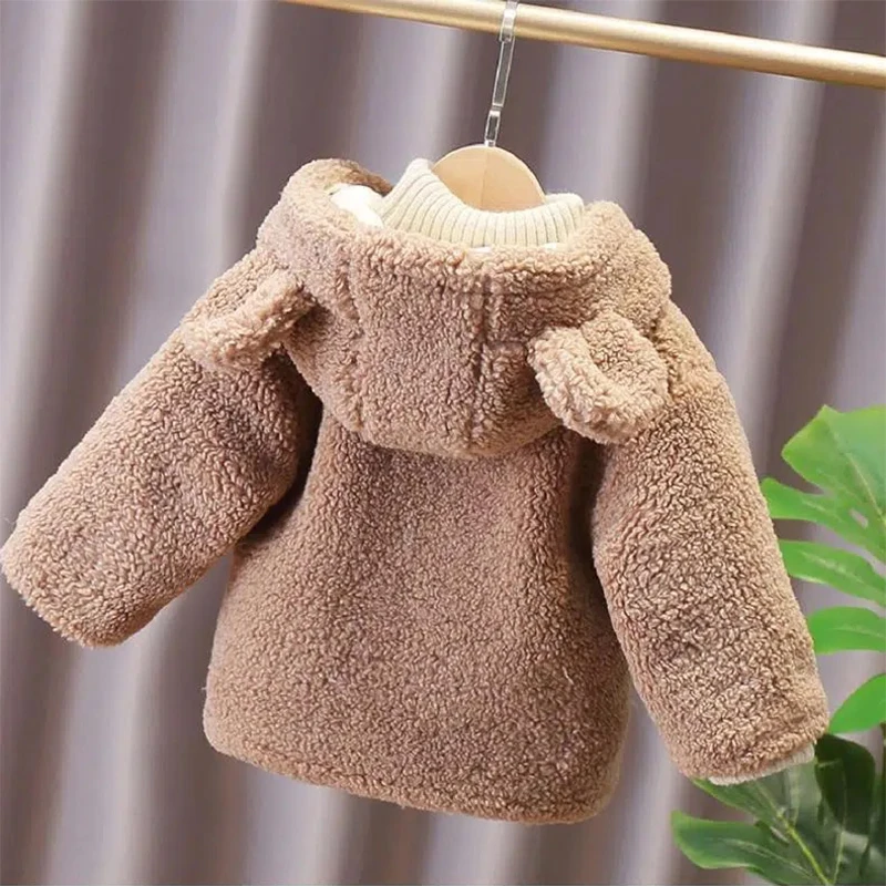 1 2 3 4 5 6 Years Baby Boy Jacket Winter Thicken Warm Hooded Children\'s Outerwear Cute Bear Plush Coats For Toddler Girl Clothes