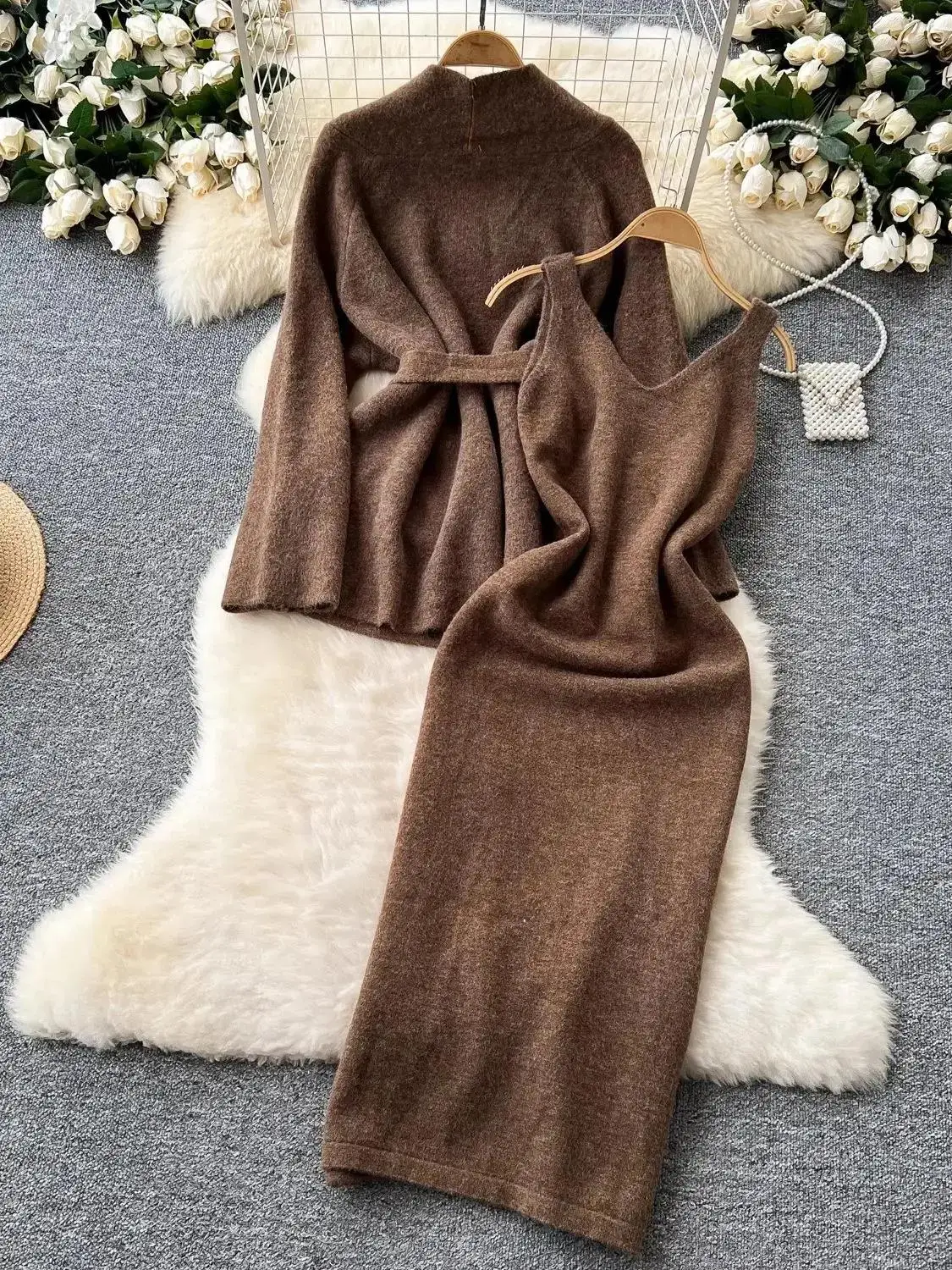 Women Belt Cardigan Sweater+Sleeveless Vest Knit Midi Dress Sets Autumn Winter Minimalist Rabbit Hair Wool Thick Two Pieces Suit