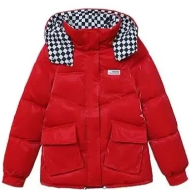 Female Contrast Plaid Hooded Parkas Coats Ladys High Collar Warm Outwears 2026 Women Winter Bright Non Washable Cotton Jacket