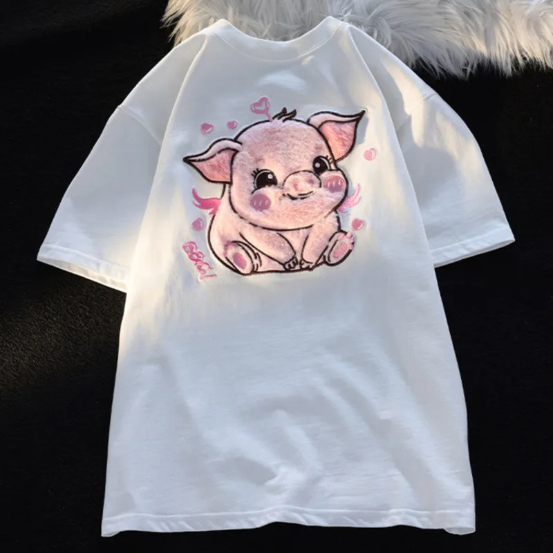 Adorable Pink Pig Plush Embroidery Short Sleeve Women\'s T-Shirt Teen Girls Cute Plush Flocking Kawaii Tee Shirt Preppy Clothes