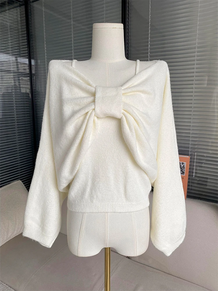 Autumn Winter Knitted Jumper Sweet Bow Gyaru Simple V-Neck Knitwear Sweater Simple Casual Thick Warm Solid Oversized Pullover