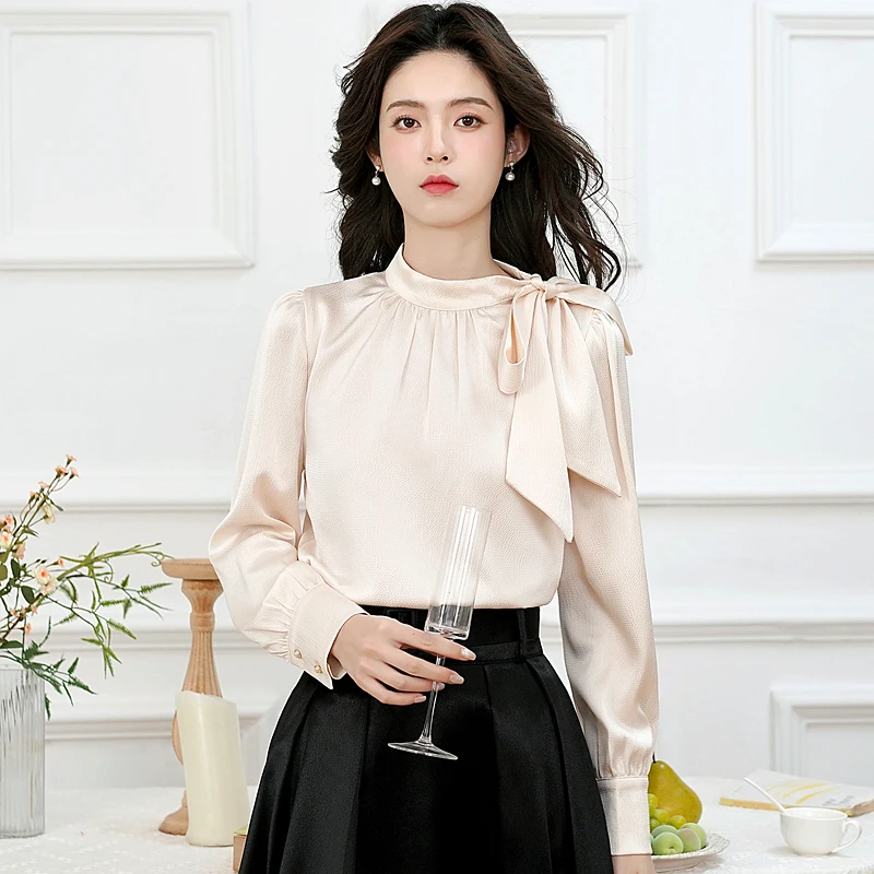2025 primavera nueva manga larga cuello redondo Mujer blusa arco sólido gasa blusa camisa Mujer Tops Camisas De Mujer Blusas De Mujer N356