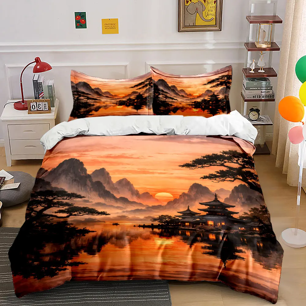 Stunning Mountain Scenery with Sunset Print Bedding Set 1 Duvet Cover 2 Pillowcases for Adult and Children Luxury Gift
