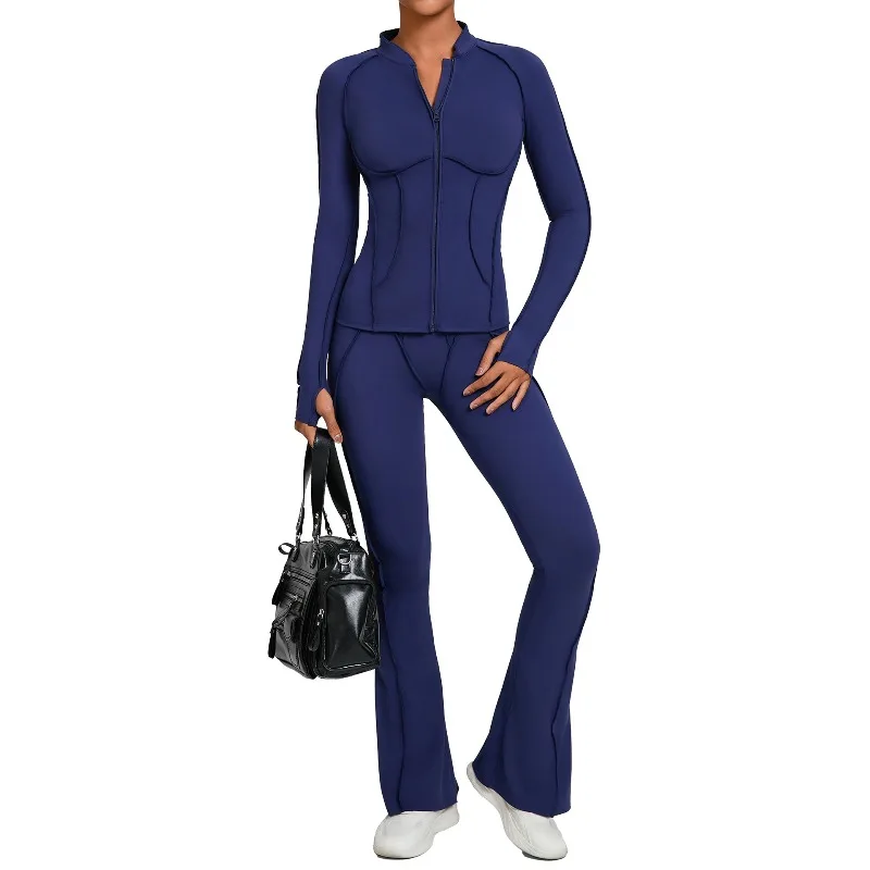 

Women Yoga Set Brushed Autumn Winter Zipper Long Sleeve Jacket High Waist Flared Sports Pants Running Fitness Sports 2 Piece Set