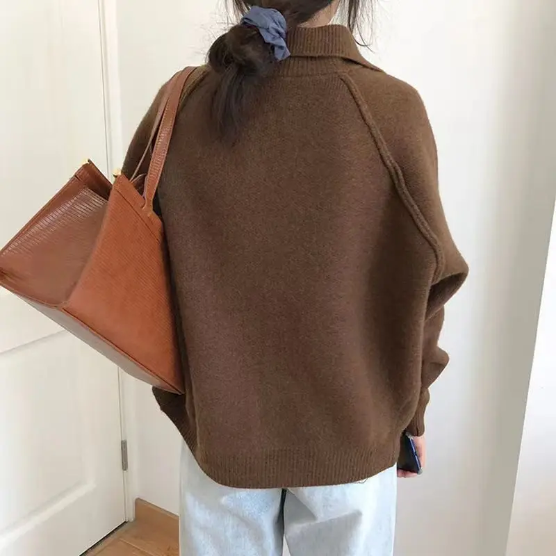 Pull en tricot épais à col rétro, couleur unie, Style paresseux d'automne