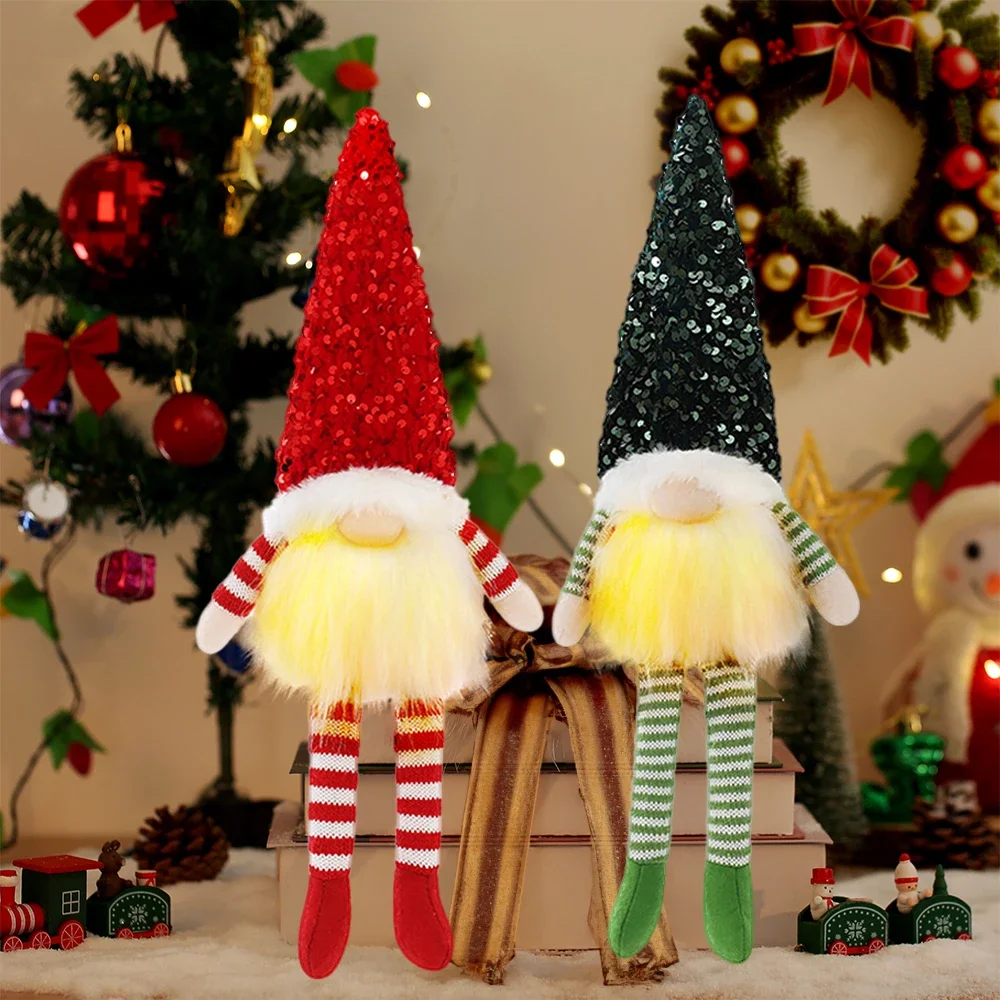 AlliLit 1~2pcs Christmas Decorations 2024 LED Glowing Gnome Sequins Faceless Doll Night Light Home Xmas Ornament Tree Gift New Y