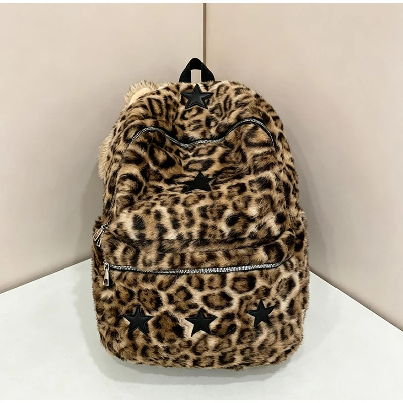 Plush Fluffy Leopard Print Backpack Black Star Decor Large Capacity Zipper DaypacK Y2k StreetStyle Casual Travel School Backpack