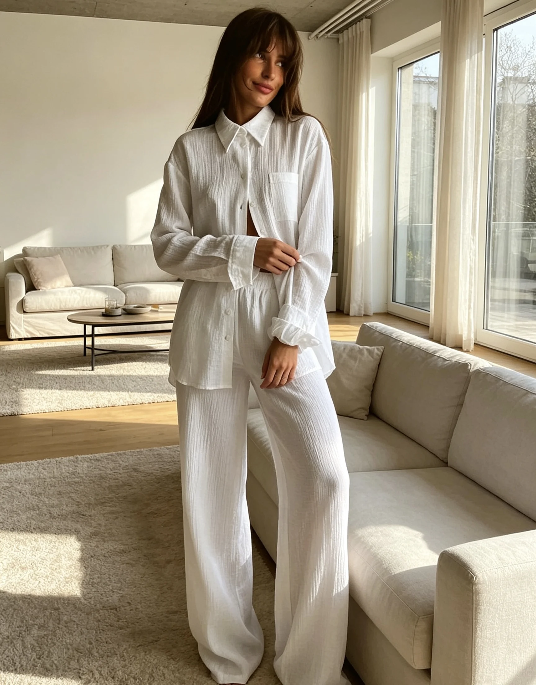 Women Crinkle Textured 2 Piece Outfit Lapel Long Sleeve Button Shirt & Wide Leg Pants Set Loose Solid Casual Street Matching Sui
