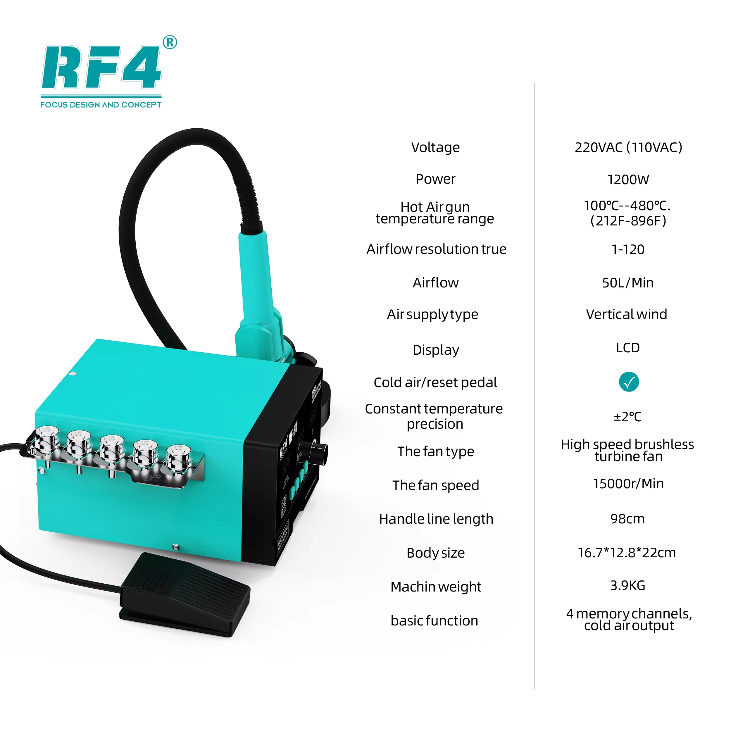 RF4 RF-H4 1200W 110V/220V Hot Air Soldering Station Lead-Free Smart BGA Rework Station for Motherboard PCB Desoldering Repair