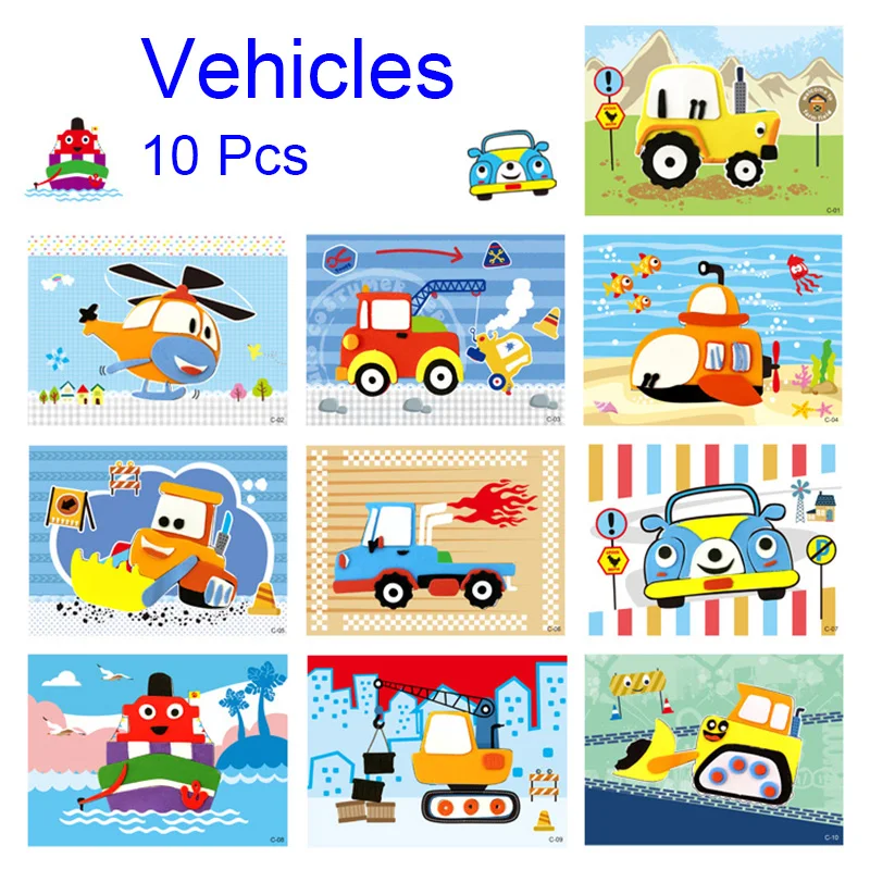 10 Pcs/Set 3D EVA Foam Sticker Cartoon Ocean Animal Vehicles Dinosaur Series Handmade DIY Art Craft Puzzles Educational Toys