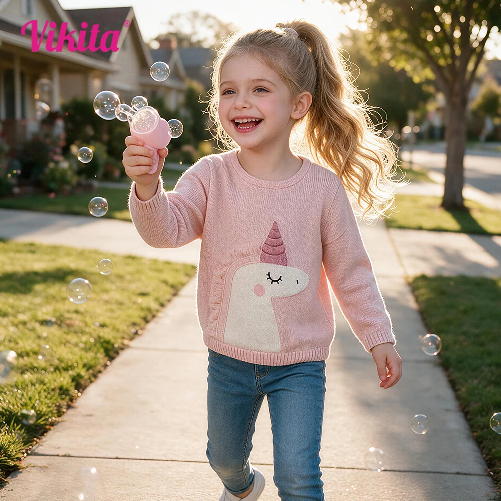 VIKITA Teenager Mädchen Pullover mit Einhorn Kinder Rundhals Herbst Frühling Gemütlich Lässig Rosa Outfits Pullover Kinder Kleidung