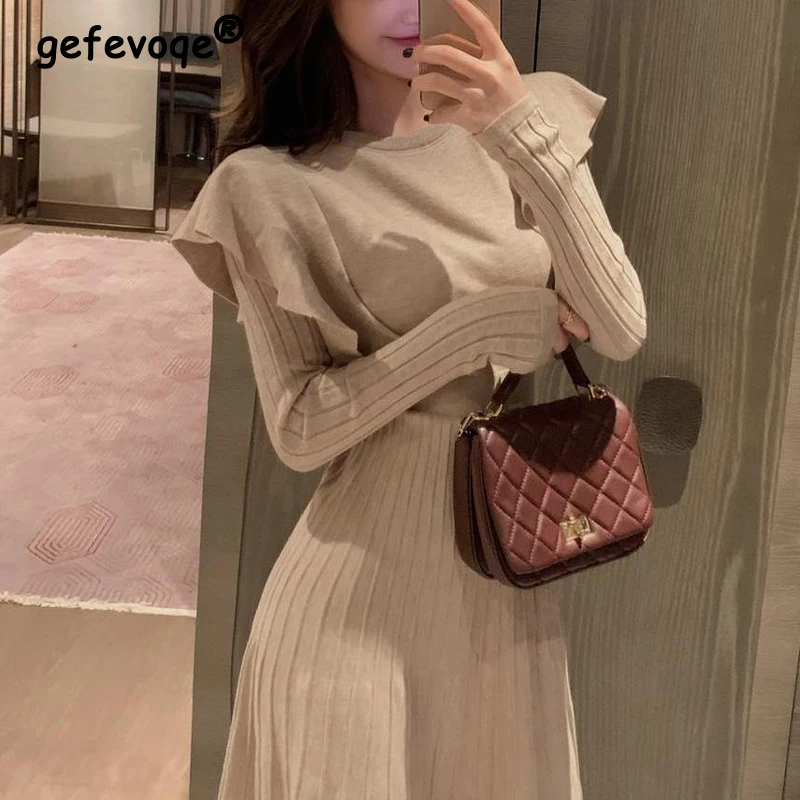 Autumn Winter Ruffles Lace Up Elegant Chic Pleated Knitted Dresses for Women Solid O Neck Long Sleeve Midi Dress Slim Vestidos