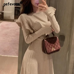 Autumn Winter Ruffles Lace Up Elegant Chic Pleated Knitted Dresses for Women Solid O Neck Long Sleeve Midi Dress Slim Vestidos