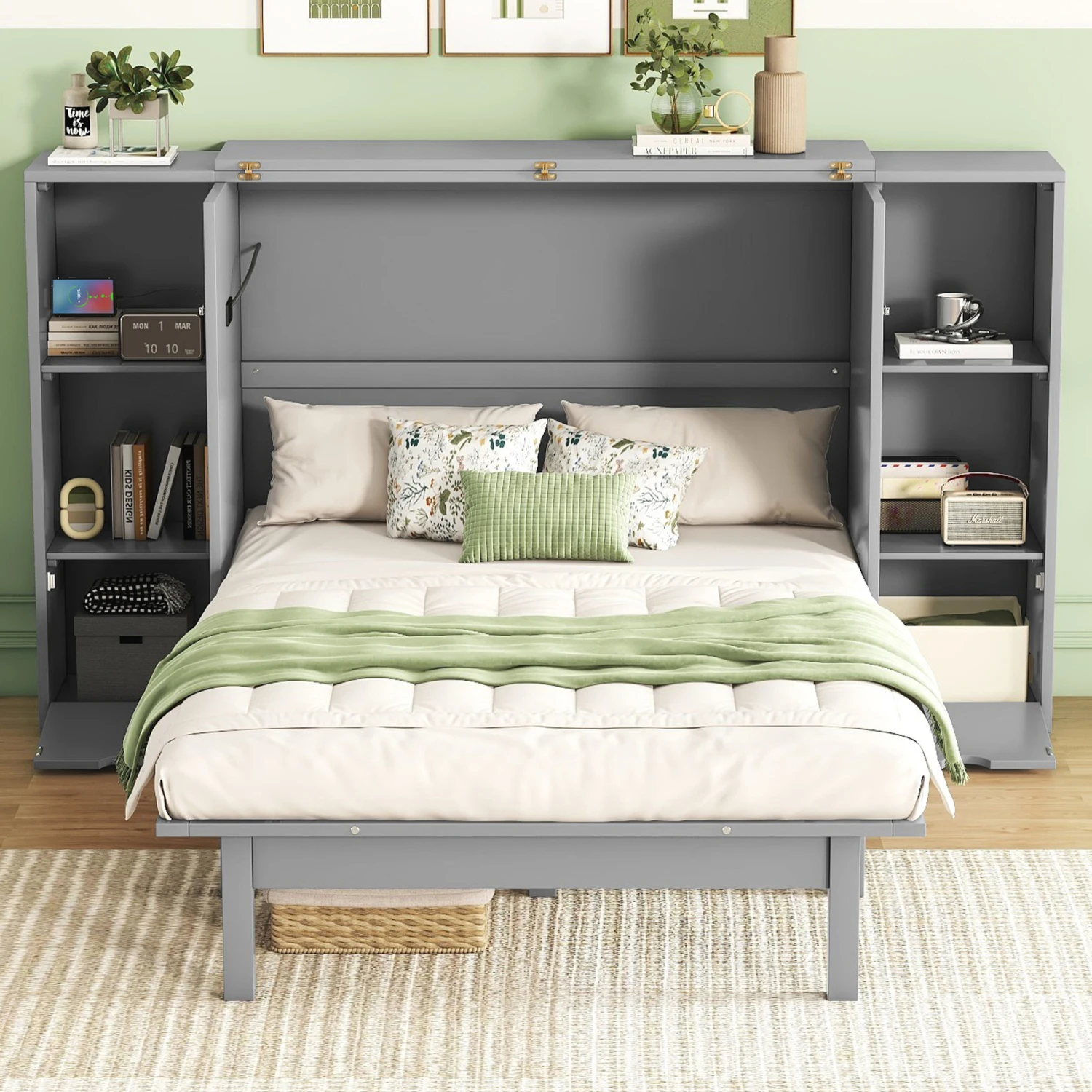 Queen Size Murphy Bed with Shelves, Drawers, USB Ports - Gray