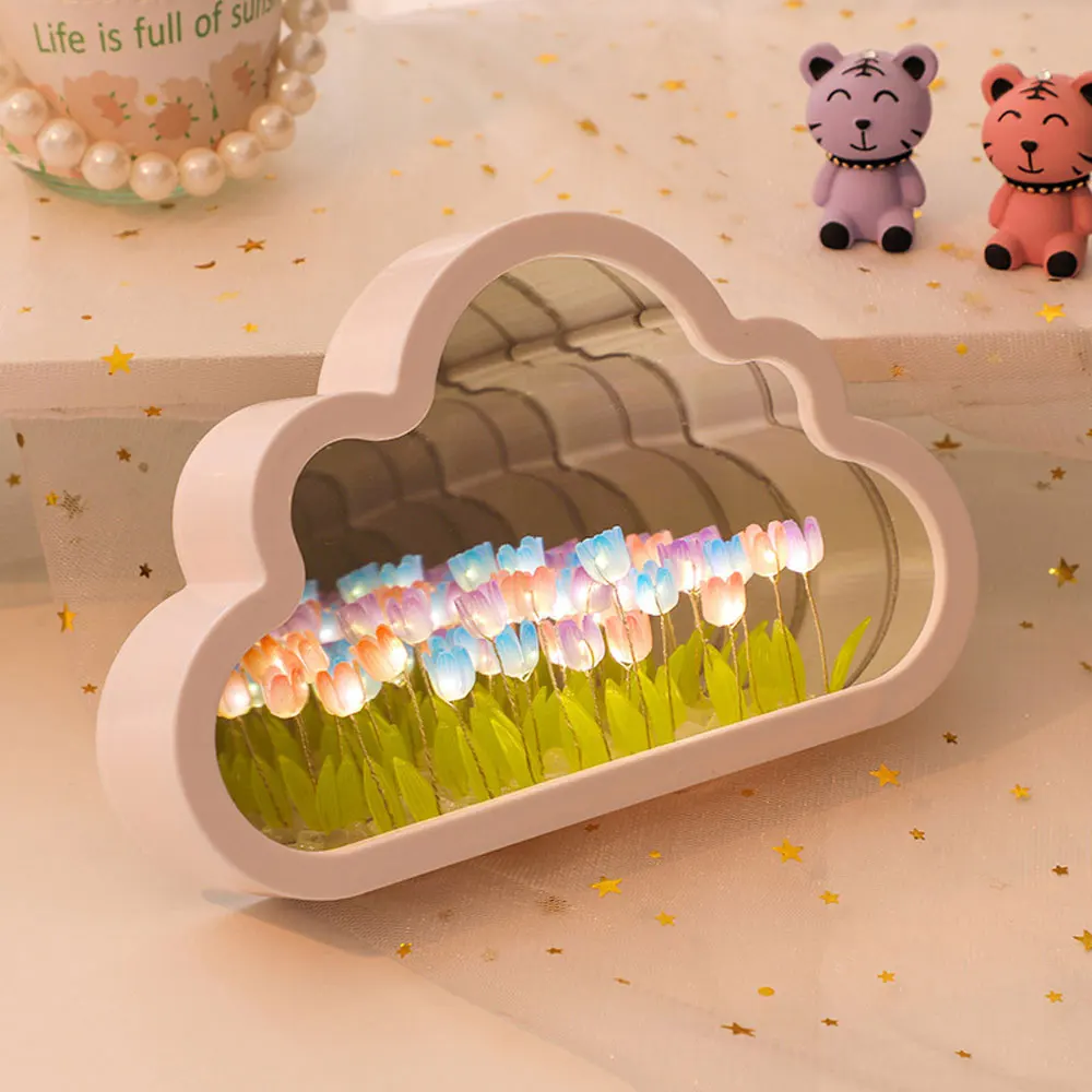 DIY Cloud Tulip LED Night Light, Lâmpadas De Mesa De Espelho, Ornamentos De Quarto, Presente